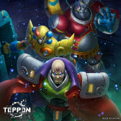 Rule 34 | 3boys, android, armor, bald, bit (mega man), blue eyes, byte (mega man), cape, closed mouth, commentary request, copyright logo, copyright name, copyright notice, facial mark, forehead jewel, helmet, highres, holding, ishida baru, logo, looking at viewer, male focus, mega man (series), mega man x3, mega man x (series), multiple boys, official art, ok sign, parted lips, red armor, red cape, red eyes, shoulder armor, sigma (mega man), smirk, teppen, yellow armor, yellow helmet