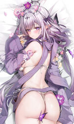 1girl absurdres akizero1510 armpit_crease ass back bare_shoulders black_tiara blush bow bra bug butterfly castorice_(honkai:_star_rail) closed_mouth commentary_request convenient_censoring dakimakura_(medium) detached_sleeves flower from_above from_behind hair_bow hair_flower hair_ornament hand_up highres honkai:_star_rail honkai_(series) insect long_hair long_sleeves looking_at_viewer looking_back lying median_furrow meme_attire on_stomach paid_reward_available panties partial_commentary pink_flower pointy_ears purple_bow purple_butterfly purple_eyes purple_hair purple_sweater side-tie_panties sidelocks smile solo sweater thighs tiara underwear virgin_killer_sweater white_bra white_panties