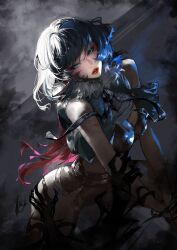 Rule 34 | 1girl, bare arms, blue hair, breasts, brown shorts, cropped jacket, dutch angle, entangled, eyeshadow, feet out of frame, fur-trimmed jacket, fur trim, ghost hands, gradient hair, green eyes, highres, huabuwandefeng, jacket, jane doe (zenless zone zero), lips, looking at viewer, makeup, multicolored hair, parted lips, purple eyeshadow, red hair, red lips, short shorts, shorts, signature, sleeveless, sleeveless jacket, smoke, solo, wolf cut, zenless zone zero