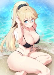 1girl absurdres arm_support bare_arms bare_shoulders beach bikini black_bikini blonde_hair blue_eyes breasts caustics check_copyright cleavage collarbone copyright_request from_above front-tie_bikini_top front-tie_top hair_between_eyes hair_ornament hair_scrunchie hand_up highres large_breasts long_hair looking_at_viewer multicolored_hair navel original parted_lips pinkmarine ponytail scrunchie sitting skindentation solo stomach strap_gap streaked_hair string_bikini swimsuit thighs very_long_hair water wet
