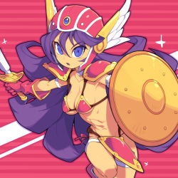 1girl abs armor bikini_armor blue_eyes breasts collarbone commentary_request dragon_quest dragon_quest_iii gloves hair_between_eyes helmet holding holding_shield holding_sword holding_weapon long_hair looking_at_viewer medium_breasts metata navel purple_hair red_background red_gloves shield solo striped_background sword warrior warrior_(dq3) weapon