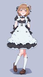 Rule 34 | 1girl, alternate costume, apron, blush, breasts, bright pupils, brown eyes, brown hair, brown shoes, cleavage, cleavage cutout, clothing cutout, collared dress, dress, embarrassed, enmaided, frilled apron, frills, full body, gloves, grey background, hair ornament, hairclip, heart cutout, highres, kneehighs, loafers, looking to the side, maid, maid apron, maid headdress, multicolored hair, niboshidrip, one side up, petticoat, puffy short sleeves, puffy sleeves, sendo yuuhi, shadow, shoes, short hair, short sleeves, simple background, socks, solo, standing, streaked hair, two-tone hair, virtual youtuber, vspo!, white apron, white gloves, white pupils, white socks