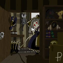 1girl apron banette bloody_marie_(skullgirls) book bookshelf box brooch candle cardboard_box clock creatures_(company) dark doorway dress dust_bunny_(skullgirls) frilled_apron frilled_dress frills from_inside frown game_freak gen_3_pokemon gen_7_pokemon grey_hair hair_ornament highres indoors jewelry juliet_sleeves kit-cat_clock leaning_to_the_side long_sleeves maid_headdress mimikyu nintendo pixel_art pokemon pokemon_(creature) puffy_sleeves red_eyes silk skull skull_hair_ornament skullgirls solo spider_web standing table twintails vacuum_cleaner window