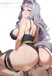 1boy 1girl :q absurdres animal_ears ass bald black_one-piece_swimsuit breasts commentary_request dush_1154 eyewear_on_head from_behind girl_on_top gold_ship_(run_revolt_launcher)_(umamusume) gold_ship_(umamusume) grey_hair highres horse_ears horse_girl horse_tail large_breasts long_hair official_alternate_costume one-piece_swimsuit purple-tinted_eyewear simple_background sunglasses sweat swimsuit tail thigh_strap thighs tinted_eyewear tongue tongue_out translation_request umamusume white_background