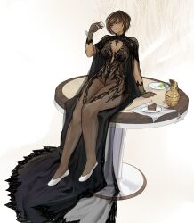 absurdres arializin cake cake_slice cup dark-skinned_female dark_skin dress drinking_glass earrings food fruit grapes highres jewelry limbus_company looking_at_viewer meme_attire outis_(project_moon) plate project_moon scar sitting sitting_on_table table watch wine_glass wristwatch yellow_eyes