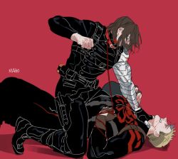 Rule 34 | 2boys, artist name, belt, black belt, black bodysuit, black boots, black gloves, blonde hair, blood, blood from mouth, blue eyes, bodysuit, boots, brown gloves, brown hair, bucky barnes, captain america, captain america: the winter soldier, captain america (series), clenched hand, collar, covered mouth, dagger, facial hair, fighting, fingerless gloves, fingernails, gloves, hand up, holding, holding leash, karmaho, knife, leash, looking at another, looking down, looking up, lying, male focus, marvel, marvel cinematic universe, multiple boys, muscular, muscular male, neck grab, nosebleed, octopus print, on back, open mouth, pocket, prosthesis, prosthetic arm, red background, red collar, red eyes, shadow, short hair, simple background, single glove, sitting, smile, star (symbol), steve rogers, sweatdrop, teeth, weapon, winter soldier