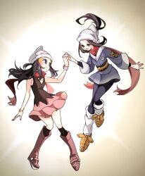 2girls akari_(pokemon) beanie black_hair black_sash blue_eyes blue_hair blush boots breasts closed_mouth cocoa_s3 dawn_(pokemon) galaxy_expedition_team_survey_corps_uniform grey_eyes hair_ornament hairclip hat headscarf highres holding_hands jacket long_hair loose_socks multiple_girls nintendo open_mouth pantyhose pink_boots pink_skirt poke_ball_print pokemon pokemon_dppt pokemon_legends:_arceus poketch ponytail red_scarf sash scarf shirt sidelocks skirt sleeveless smile socks watch white_hat white_headscarf wristwatch