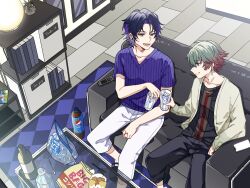 Rule 34 | 2boys, asakura shino, black pants, black shirt, black slippers, bottle, collarbone, commentary, controller, couch, cup, earrings, gradient hair, green eyes, green hair, green jacket, grin, highres, holding, holding cup, indoors, jacket, jewelry, long sleeves, male focus, multicolored hair, multiple boys, neo-porte, notamaru 2, on couch, open clothes, open jacket, open mouth, pants, parted lips, phone, purple hair, purple shirt, red eyes, red hair, remote control, shirt, short hair, short sleeves, sitting, slippers, smile, soda, striped clothes, striped shirt, table, tile floor, tiles, two-tone hair, very short hair, virtual youtuber, white pants, yagami tsukumo