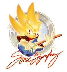 1boy animal_ears animal_nose bow bowtie brown_jacket commentary electric_guitar english_commentary english_text furry furry_male gloves grin guitar highres holding holding_instrument holding_plectrum instrument jacket male_focus music natalie_haines playing_guitar playing_instrument plectrum red_bow red_bowtie red_eyes smile solo sonic_(series) sonic_the_hedgehog super_sonic teeth white_background white_gloves yellow_fur