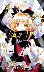 Rule 34 | 1girl, antenna hair, black bow, black gloves, black scarf, blonde hair, bow, cardcaptor sakura, gloves, green eyes, hair bow, highres, jacket, kinomoto sakura, long sleeves, looking at viewer, medium hair, red skirt, scarf, skirt, smile, solo, usadapan1005, white jacket