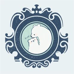 :&lt; animal animal_focus ayu_(mog) bear blush_stickers closed_mouth commentary grey_background licking licking_another&#039;s_face no_humans original polar_bear signature simple_background solid_circle_eyes sound_effects tongue wince
