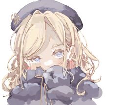 Rule 34 | beret, black gloves, black hat, black ribbon, blonde hair, blue eyes, ceras yanagida lilienfeld, commentary, covered mouth, fregie, gloves, hair ribbon, hat, highres, link! like! love live!, long hair, looking at viewer, love live!, pink ribbon, portrait, ribbon, simple background, swept bangs, white background
