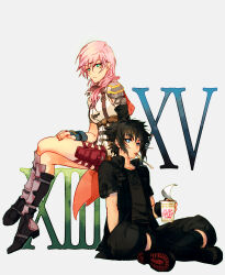 1boy 1girl arm_support armor back-to-back black_footwear black_gloves black_hair black_jacket black_pants black_shirt blonde_hair blue_eyes blue_gloves boots bright_pupils cape colored_shoe_soles crossed_legs cup_ramen dissidia_final_fantasy fermium.ice final_fantasy final_fantasy_xiii final_fantasy_xv fingerless_gloves food fork full_body furrowed_brow gloves grey_background hair_over_shoulder hand_on_own_leg high_collar holding holding_food jacket knee_boots leather_belt lightning_farron long_hair looking_at_viewer looking_down noctis_lucis_caelum open_clothes open_jacket orange_cape pants pauldrons pink_hair roman_numeral shirt short_hair short_sleeves shoulder_armor sidelocks single_pauldron sitting spiked_hair thigh_strap utensil_in_mouth