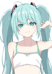 1girl ahoge aqua_eyes aqua_hair arm_up bra hair_between_eyes hatsune_miku highres long_hair looking_at_viewer maud0239 sidelocks simple_background solo sweatdrop training_bra twintails underwear upper_body vocaloid white_background