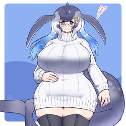 1girl anchor_hair_ornament blowhole blue_eyes blue_hair blue_whale_(kemono_friends) blush breasts cetacean_tail curvy dorsal_fin dress fins fish_tail glasses grey_hair hair_ornament head_fins heart highres huge_breasts japari_symbol kemono_friends long_hair long_sleeves looking_at_viewer mo23 multicolored_hair smile sweater sweater_dress tail thighhighs turtleneck turtleneck_sweater whale_girl