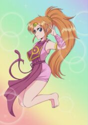 Rule 34 | 1girl, absurdres, alternate eye color, armlet, armpits, barefoot, belt, brown hair, circlet, commission, detached sleeves, dress, feet, fire emblem, fire emblem: mystery of the emblem, fire emblem: shadow dragon and the blade of light, gradient background, highres, jewelry, jumping, legs, linde (fire emblem), nintendo, open hand, pink dress, pink tabard, ponytail, scrunchie, smile, supurin, tabard