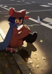 1other :o absurdres animal_hat autumn_leaves bird blue_scarf can cat_hat coca-cola colored_sclera commentary crosswalk drink_can english_commentary food hat highres holding holding_food holding_sandwich leaf long_sleeves niko_(oneshot) oneshot_(game) other_focus pavement purple_hair road sandwich scarf seagull shadches72 short_hair sleeves_past_wrists soda soda_can solo spill street yellow_eyes yellow_sclera