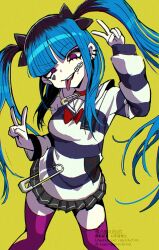 1girl amemiya_darumi black_hair blue_hair bow breasts choker double_v ear_piercing green_background hair_bow heart long_hair long_sleeves looking_at_viewer makeup medium_breasts miniskirt multicolored_hair open_mouth pale_skin piercing pink_thighhighs pleated_skirt purple_eyes red_choker revision runny_makeup safety_pin sailor_collar shirt sidelocks skirt solo striped_clothes striped_shirt the_hundred_line_-last_defense_academy- thighhighs tongue tongue_out v white_sailor_collar yoruhachi