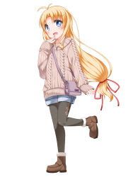1girl absurdres ahoge black_pantyhose blonde_hair blue_eyes blush boots child denim denim_shorts female_focus hair_ornament hairclip highres kashiwagi_hatsune kizuato long_hair looking_at_viewer pantyhose ribbed_sweater school_uniform shorts shouji_ayumu skirt smile solo sweater