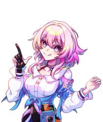 Rule 34 | 1girl, absurdres, acorn, archery shooting glove, badge, black choker, black gloves, black overskirt, blue jacket, bra strap, breasts, button badge, buttons, camera, choker, closed mouth, collarbone, commentary, cookienim, earrings, flower ornament, gloves, gradient clothes, gradient jacket, hands up, highres, honkai: star rail, honkai (series), jacket, jewelry, long sleeves, march 7th (honkai: star rail), march 7th (preservation) (honkai: star rail), medium breasts, medium hair, off-shoulder jacket, off shoulder, partially fingerless gloves, pink eyes, pink hair, pink jacket, pink pupils, shirt, simple background, single earring, single glove, smile, solo, tied jacket, tongue, tongue out, underbust, upper body, variant set, white background, white shirt