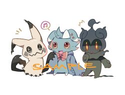 2others alternate_color animal_ears asako1220 cat_ears chibikemo chinese_commentary clothed_pokemon commentary_request creatures_(company) espurr game_freak gen_6_pokemon gen_7_pokemon legendary_pokemon marshadow marshadow_(gloom) mimikyu multiple_others musical_note mythical_pokemon nintendo original other_focus pokemon pokemon_(creature) sample_watermark shiny_pokemon simple_background watermark white_background