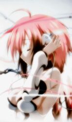 1girl ahoge bare_shoulders breasts chain chain_leash closed_mouth collar collarbone detached_sleeves earphones from_side grey_background hand_up highres ikaros large_breasts leash long_hair metal_collar pink_hair pink_wings profile robot_ears simple_background solo sora_no_otoshimono twintails upper_body watanabe_yoshihiro wide_sleeves wings