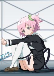 1girl assault_lily black_ribbon black_skirt blush double_bun hair_bun hitotsuyanagi_riri knives_(knives777) pink_eyes pink_hair ribbon school_uniform shoes short_hair skirt smile thighhighs white_thighhighs yurigaoka_girls_academy_school_uniform