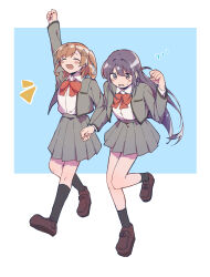Rule 34 | 2girls, :d, ^ ^, aijou karen, arm up, black socks, blue background, blunt ends, blush, bow, bowtie, breast pocket, brown hair, brown shoes, chinese commentary, clenched hand, closed eyes, collared shirt, commentary request, crown hair ornament, full body, grey jacket, grey skirt, hair ornament, hairclip, hand grab, hand up, highres, jacket, kneehighs, leg up, loafers, long hair, long sleeves, looking ahead, lower teeth only, miniskirt, motion lines, multiple girls, open clothes, open jacket, open mouth, outstretched arm, parted lips, pleated skirt, pocket, purple eyes, purple hair, red bow, red bowtie, rei931218, school uniform, seishou music academy uniform, shirt, shirt tucked in, shoes, short hair, shoujo kageki revue starlight, side-by-side, sidelocks, skirt, smile, socks, sweatdrop, teeth, tsuyuzaki mahiru, two-tone background, two side up, walking, white background, white shirt