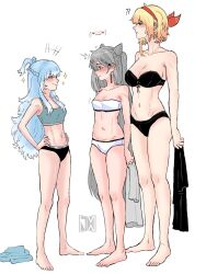 Rule 34 | 3girls, black bra, black panties, blonde hair, blue eyes, blue hair, blush, bra, braid, cone hair bun, frilled bra, frills, grey hair, hair bun, highres, holding, hololive, hololive indonesia, jasper xandros, kaela kovalskia, kobo kanaeru, lace, lace-trimmed bra, lace trim, long hair, medium hair, multicolored hair, multiple girls, navel, panties, red eyes, smug, standing, toned, toned female, training bra, two-tone hair, underwear, underwear only, vestia zeta, virtual youtuber, white background, white bra, white hair, white panties