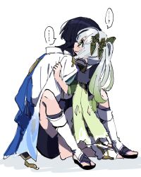 ... 1boy 1girl ? anklet aqua_sleeves between_legs black_footwear black_shorts black_socks blue_cape blunt_ends blush bright_pupils cape collar cross-shaped_pupils dress frilled_collar frills furisode genshin_impact gradient_hair green_cape green_eyes green_hair green_sleeves hetero highres hirarinoie hug japanese_clothes jewelry kimono kneehighs kneeling knees_up layered_sleeves leg_warmers long_hair multicolored_hair nahida_(genshin_impact) sandals scaramouche_(genshin_impact) short_sleeves shorts side_ponytail sidelocks sitting size_difference sketch socks spoken_ellipsis spoken_question_mark stirrup_footwear stirrup_legwear symbol-shaped_pupils toeless_legwear wanderer_(genshin_impact) white_background white_dress white_footwear white_hair white_kimono white_leg_warmers white_pupils white_sleeves zouri