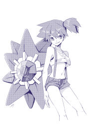 1girl armpits asymmetrical_hair bare_shoulders breasts denim denim_shorts gen_1_pokemon hair_tie highres looking_at_another misty_(pokemon) navel nintendo open_mouth orange_hair pokemon pokemon_(anime) pokemon_(classic_anime) pokemon_(creature) ponytail sarusaru_naoto shiny_skin shirt short_hair short_shorts shorts side_ponytail simple_background starmie suspenders tank_top