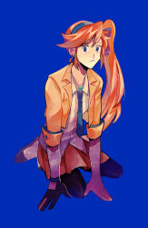 1girl 79x_(ox79xo) ace_attorney athena_cykes blue_eyes female_focus formal_clothes highres kneeling orange_hair solo