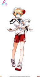 1boy absurdres adjusting_clothes aqua_eyes bare_legs baseball_cap black_bow black_ribbon blazer blonde_hair blue_brooch blue_necktie bow brown_hair buttons chung_seiker closed_mouth collared_shirt colored_tips company_name copyright_name copyright_notice diamond_button dot_nose elsword floating_clothes full_body game_cg gold_ring hair_between_eyes happy hat headset highres hwansang idol jacket jewelry knees logo long_sleeves looking_at_viewer loose_hair_strand multicolored_hair multiple_rings neck_ribbon necktie official_alternate_costume official_art open_clothes open_jacket red_shorts ribbon ring second-party_source shirt shoes short_hair shorts sideways_hat sleeve_cuffs smile sneakers socks solo standing swept_bangs tachi-e three-quarter_sleeves transparent_background two-sided_fabric two-sided_headwear white_hat white_jacket white_shirt white_shoes white_socks wrist_bow wristband