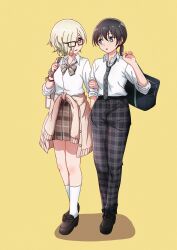 2girls bag black-framed_eyewear black_hair bow bowtie brown_bow brown_bowtie brown_scrunchie brown_skirt cardigan cardigan_around_waist clothes_around_waist collared_shirt full_body glasses green_eyes grey_hair gyaru gyarugasaki hair_over_one_eye highres holding holding_bag kneehighs koukoutou_(seikoutoutei) loafers locked_arms looking_at_another love_live! love_live!_nijigasaki_high_school_idol_club low_ponytail mia_taylor multiple_girls necktie official_alternate_costume official_alternate_hairstyle one_eye_covered open_mouth pants plaid_clothes plaid_necktie plaid_pants plaid_skirt pleated_skirt ponytail school_bag school_uniform scrunchie shadow shirt shoes short_hair shoulder_bag simple_background skirt socks takasaki_yu walking white_shirt white_socks yellow_background