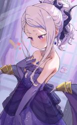 Rule 34 | 1girl, black halo, blue archive, breasts, demon girl, demon horns, demon wings, dress, earrings, gloves, halo, highres, hina (blue archive), hina (dress) (blue archive), horns, indoors, jewelry, necklace, pendant, purple dress, purple eyes, purple gloves, shinshin (ssnsn oekaki), small breasts, solo, standing, white hair, wings