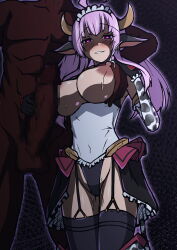 1boy 1girl absurdres ahoge amakubo_yuri animal_ears animal_print aoi_tabane black_thighhighs blush breasts censored cow_ears cow_girl cow_horns cow_print cow_tail dark-skinned_male dark_skin elbow_gloves erection garter_straps gloved_handjob gloves grabbing_another&#039;s_breast grin groping handjob heart heart-shaped_pupils hetero highres horns huge_penis kouyoku_senki_exs-tia lactation large_breasts large_penis long_hair looking_at_viewer maid_headdress milk_slave_maid mosaic_censoring nipples overskirt penis pink_hair purple_eyes pussy_juice showgirl_skirt smile solo_focus symbol-shaped_pupils tail testicles thighhighs virtual_youtuber