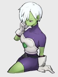1girl bodysuit breasts cheelai colored_skin dragon_ball dragon_ball_super gloves green_skin kemachiku looking_down medium_breasts pink_eyes purple_bodysuit short_hair sitting solo white_gloves white_hair