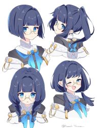 1girl ;d blue_eyes blue_hair blue_pupils blunt_bangs blush braid character_request commentary_request copyright_request cropped_shoulders eyelashes glasses hair_intakes hair_ornament hairclip highres kanzuki_tsunane looking_back medium_hair multiple_views one_eye_closed open_mouth ponytail short_hair simple_background smile twin_braids twintails twitter_username white_background