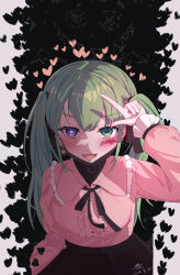 1girl absurdres black_ribbon black_skirt blue_eyes commentary crazy_smile drawn_wings facial_tattoo fang finger_gun green_hair hair_between_eyes hand_up hatsune_miku heart heart-shaped_pupils heart_tattoo highres jirai_kei long_hair looking_at_viewer open_mouth pink_shirt pointing pointing_up ribbon shirt sidelocks skin_fang skirt smile symbol-shaped_pupils tattoo tongue tongue_out toriaki twintails vampire_(vocaloid) vocaloid