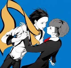 Rule 34 | 1boy, 1girl, belt, belt buckle, black belt, black dress, black hair, black pants, black trim, blue background, blue eyes, buckle, closed mouth, collared shirt, dress, eye contact, feet out of frame, film grain, floating scarf, gekkoukan high school uniform, hair slicked back, highres, holding another&#039;s wrist, long sleeves, looking at another, lower teeth only, mochizuki ryouji, neckerchief, open mouth, otoko haza, pants, persona, persona 3, red eyes, red neckerchief, scarf, school uniform, shiomi kotone, shirt, shirt tucked in, short hair, short sideburns, simple background, sleeve cuffs, standing, suspenders, teeth, white shirt, yellow scarf