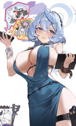 2girls absurdres ako_(blue_archive) ako_(dress)_(blue_archive) areola_slip blue_archive blue_dress blue_eyes blue_hair blue_halo blush bracelet breasts clipboard closed_eyes closed_mouth commentary covered_navel dress earrings english_commentary gun hair_between_eyes halo highres hina_(blue_archive) hina_(dress)_(blue_archive) holding holding_clipboard holding_phone holster huge_breasts iori_(blue_archive) jewelry kasumi_(blue_archive) large_breasts machine_gun medium_hair mg42 multiple_girls nightgown pan-chan_(blue_archive) phone purple_dress runfufu sideboob solo_focus thigh_holster weapon white_hair