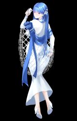 1girl absurdres arcana_(nikke) ass blue_eyes blue_hair blush breasts cape cellphone come_hither deep_skin dress from_behind goddess_of_victory:_nikke grabbing_own_ass hair_ornament high_heels highres large_breasts long_hair looking_at_viewer looking_back phone selfie sideboob smile solo very_long_hair wilhelmina_bd2