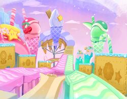 Rule 34 | candy, candy cane, double cherry, food, ice cream, mario (series), mario kart, nintendo, no humans, outdoors, pink sky, sasaki sakiko, sky, sky-high sundae, super star (mario)