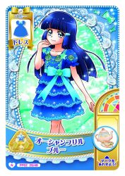 1girl aoki_reika artist_request bare_arms blue_background blue_bow blue_dress blue_eyes blue_hair blunt_bangs blunt_ends border bow card_(medium) closed_mouth collarbone commentary_request cowboy_shot dress eyelashes fashion green_background hair_ornament hairclip hand_on_own_cheek hand_on_own_face happy highres knees light_smile lips long_hair looking_at_viewer medium_dress official_alternate_costume official_art outline picture_frame pink_lips precure puffy_short_sleeves puffy_sleeves second-party_source shell short_sleeves smile smile_precure! solo sparkle standing star_(symbol) two-tone_background waist_bow white_border white_outline