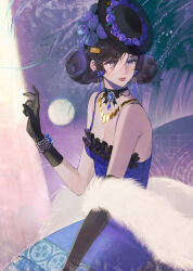 1girl asymmetrical_gloves bare_shoulders black_choker black_gloves black_hair black_hat blue_eyeshadow bracelet breasts butterfly_earrings chinese_commentary choker cleavage closed_mouth commentary_request dress earrings elbow_gloves eyeshadow flower fur_shawl gloves gold_necklace hair_flower hair_ornament hairstyle_request hat hat_flower highres jewelry lipstick looking_to_the_side makeup necklace original purple_dress purple_eyes purple_flower rampu red_lips shawl short_hair single_elbow_glove sitting sleeveless sleeveless_dress small_breasts solo swept_bangs uneven_gloves