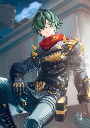 1boy ahoge aratakosu_(tako&#039;s) arm_support artist_name belt black_belt black_gloves black_jacket blue_pants blurry blurry_background cliff cloud commentary_request gloves green_eyes green_hair hair_over_one_eye highres holding holding_removed_eyewear jacket leather leather_jacket lighter_(zenless_zone_zero) long_sleeves looking_at_viewer male_focus night night_sky one_eye_covered outdoors pants parted_bangs parted_lips pouch red_scarf scarf short_hair sitting sky solo spiked_jacket spikes sunglasses thigh_pouch thigh_strap unworn_eyewear watermark zenless_zone_zero