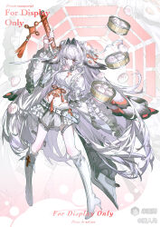1girl absurdres airenniao bamboo_steamer blood boots bowl food frilled_sleeves frills full_body high_heels highres holding holding_weapon knee_boots long_hair looking_at_viewer original red_eyes skirt solo steamed_bun very_long_hair weapon white_hair wide_sleeves zoom_layer