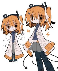 1girl a.i._voice adachi_rei belt black_leggings cable closed_mouth commentary_request computer_chip cropped_legs deformed dot_mouth empty_eyes grey_shirt grey_skirt hair_ribbon hairband headlamp headset jacket jaggy_lines leggings lightning_bolt_symbol long_sleeves looking_at_viewer multiple_views one_side_up open_clothes open_jacket open_mouth orange_belt orange_eyes orange_hair radio_antenna ribbon shirt skirt sleeves_past_fingers sleeves_past_wrists sound_wave suzua_(sofw0) turtleneck turtleneck_shirt utau white_jacket