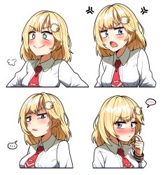 +_+ ... 1girl anger_vein angry blonde_hair blue_eyes blush bob_cut breasts closed_mouth collared_shirt commentary ddolbang embarrassed multiple_expressions hair_ornament highres hololive hololive_english long_sleeves medium_breasts multiple_views necktie no_coat puff_of_air red_necktie scratching_cheek shirt short_hair short_necktie simple_background spoken_blush spoken_ellipsis transparent_background upper_body virtual_youtuber watson_amelia watson_amelia_(1st_costume) white_shirt