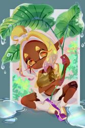 Rule 34 | 1girl, arm under breasts, blue border, border, closed mouth, colored eyelashes, commentary request, dark-skinned female, dark skin, frye (splatoon), frye (splatoon raiders), holding, holding plant, inkling, leaf, long hair, long pointy ears, looking at viewer, merute spla, navel, nintendo, official alternate costume, outside border, plant, pointy ears, short eyebrows, sitting, solo, splatoon (series), splatoon raiders, star-shaped pupils, star (symbol), symbol-shaped pupils, tentacle hair, thick eyebrows, topknot, water